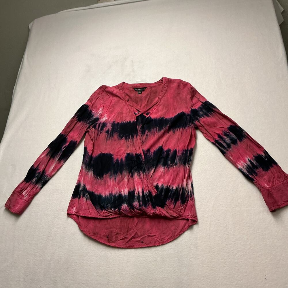 Rock & Republic Black Tie Dye Cross/Drape Front LongSleeveBlouse Womens Sz M4046